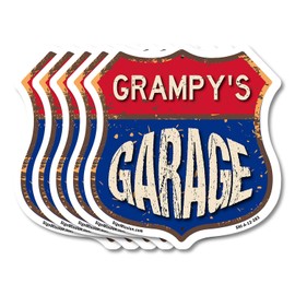 Grampy's Garage (5 Pack) 12 inch X 12 inch Shield-Shaped Rust-Free Aluminum Metal Signs Weather Resistant, UV Protected To last, Gift for Dads and Uncles Classic Americana Crafted in the USA