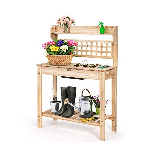 OFFICEJOY Potting Bench, Outdoor Garden Table with Sliding Tabletop, Removable