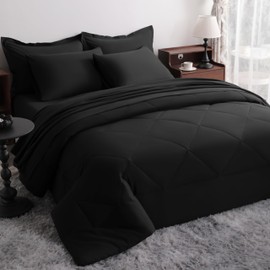 NTBAY Queen Comforter Set with Sheets, 7 Pieces Soft and Breathable Queen Bedding Set, Queen Bed in a Bag, Down Alternative Comforter Set Solid Color All Season, Queen Bedding Set, Black