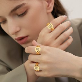 GOLDCHIC JEWELRY Letter Ring Copper Women's Open Adjustable Stackable Ring Initial Alphabet A-Z Ring with Zirconia Simple Polished Signet Ring Strap Pattern Open Ring in Gold, Non-precious metal,