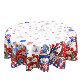 4th of July Patriotic Round Tablecloth 60 Inch American Flag Red Truck Floral Gnome Table Cloth Independence Day Memorial Day Polyester Table Cover for Kitchen Dining Room Indoor Outdoor Home Decor