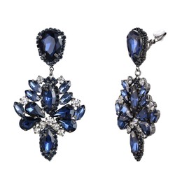 Clearine Clip-On Earrings Art Deco Marquise Teardrop Rhinestone Crystal Stetement Clip On Dangle Earrings for Women Sapphire Blue Black Tone, Crystal