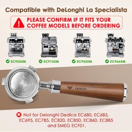 51mm Bottomless Portafilter 3 Ears Compatible with De-longhi La Specialista Coffee Espresso Machine EC9335 9155 9355 9665,100% Stainless Steel Filter Basket and Walnut Handle