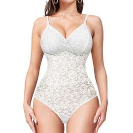 KUMAYES Shapewear Women's Body Strong Shaping Tummy Control Lace Shaping Body Thong Sculpting Sleeveless V-Neck Backless Seamless Body Shaper, White