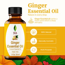 SVA Ginger Essential Oil – 1 Fl Oz – 100% Natural Ginger Oil - for Diffuser, Hair Care, Face, Skin Care, Aromatherapy, Scalp and Body Massage, Soap and Candle Making – with Dropper