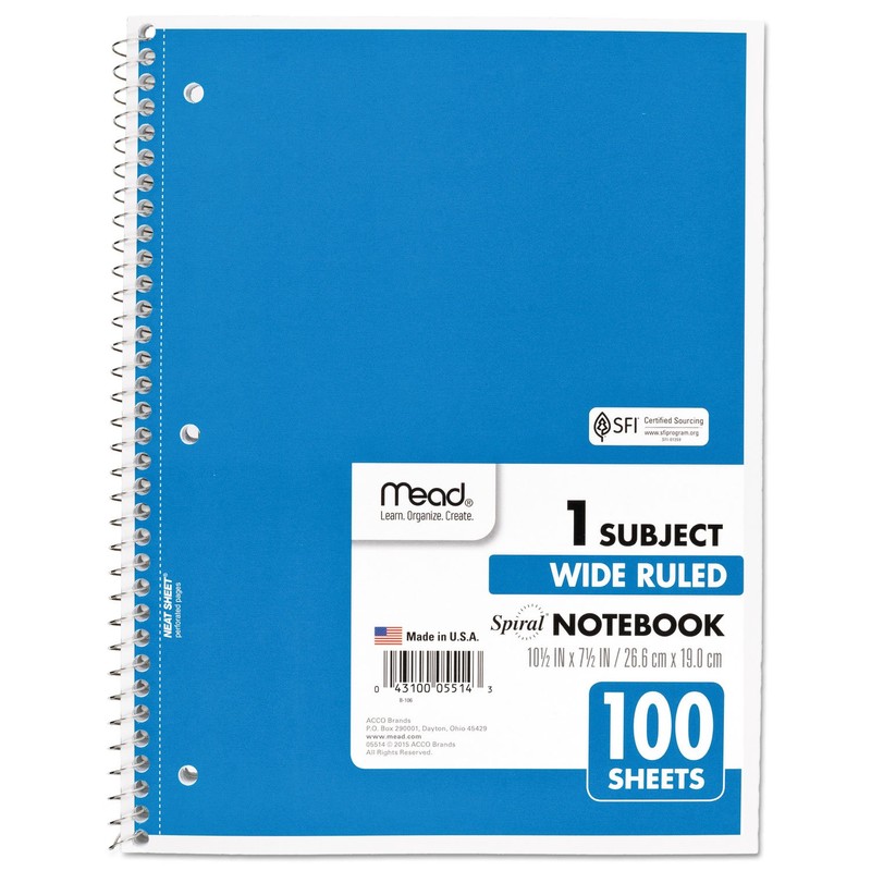 Mead Spiral Notebook, 1 Subject, Wide Ruled Paper, 100 Sheets,