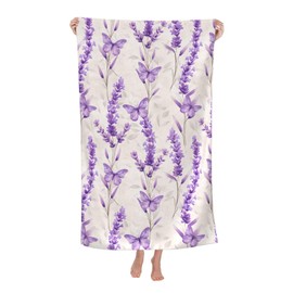 VODRM Lavender Beach Towel, 32x52in Microfiber Quick Dry Butterfly Floral Purple Flower Bloom Bath Towels, Soft Lightweight Oversized Sand Free, for Travel Pool Swimming Gym Decor, Gifts Women Girls