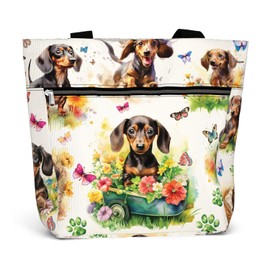 84hoods Large Waterproof Tote Bag with Pockets and Zipper for Work. Gift for Dachshund Lovers Owners. Shoulder Bag for Women. Aesthetic 15 inch Bag. Flowers Garden.