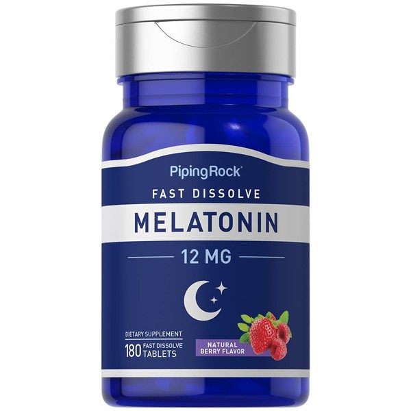 Piping Rock Melatonin Fast Dissolve 12 mg | 180 Tablets | Berry Flavor | Non-GMO, Gluten Free Supplement