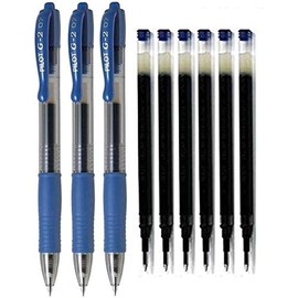 PILOT - 3 Ballpoint Pens BL-G2-7 Retractable Gel Ink + 6 Refills (Blue)