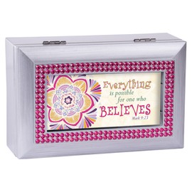 Cottage Garden Everything is Possible Brushed Silvertone Jewelry Music Box Plays How Great Thou Art
