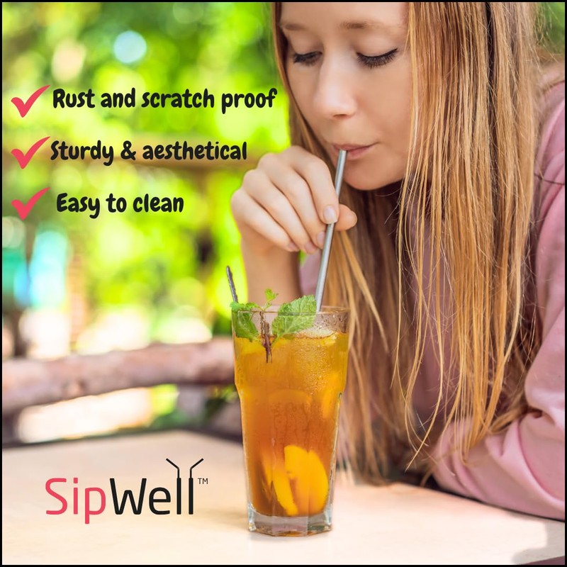 SipWell Stainless Steel Drinking Straws Set of 4, Curved metal