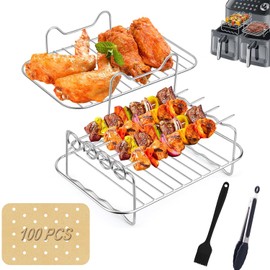 Dual Zone Air Fryer Accessories, 2pcs Air Fryer Rack with 100pcs Air Fryer Paper Liners Compatible with Ninja Foodi Air Fryer DZ201, DZ401, 5 pcs Double Basket Air Fryer Accessories