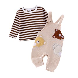 Rarjuiey Baby Boy Girl Fall Outfits Newborn Long Sleeve Striped Tops Bear Embroidery Overalls Pants Set 2Pcs Fall Clothes (Apricot, 0-3 Months)