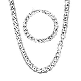 LOLIAS Men Sturdy Cuban Chain Necklace Bracelet Set 5/9mm Width, 18" 20" 22" Length, Silver Tone 316L Stainless Steel Mens Chain Necklace Bracelet for Boy Hip Hop Jewelry Men's Jewellery