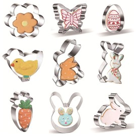 Easter Cookie Cutter Set, 9 Piece Stainless Steel Cookie Cutters Molds Decorations for Baking, from 2” to 3”, Egg, Carrot, Bunny, Flower, Chick, Bunny Face and Butterfly