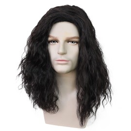 HUNIGIR Mens Black Wig Shoulder Length Hair Natural Black Curly Male Wig Heat Resistant Synthetic Cosplay Costume Hair Replacement