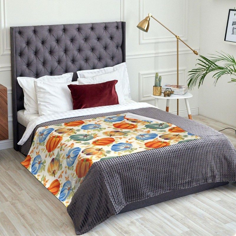 Fall Blanket 50"x60" Autumn Orange Teal Blue Pumpkin Maple Leaves