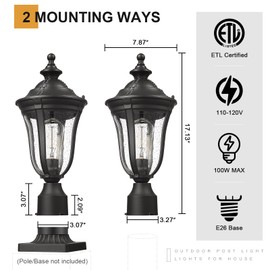Luminzone Outdoor Post Light Outdoor Pole Lantern Modern Exterior Post Sconce with Seeded Glass in Black Finish Outdoor Post Lamp Waterproof for Patio Porch Entryway Garden