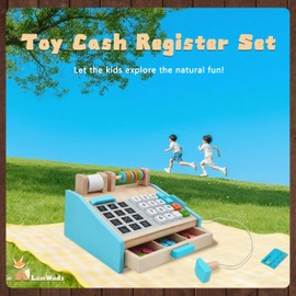 LumWuds Wooden Toy Cash Register for Kids, Pretend Play Set with Scanner, Calculator & Play Money – Fun Kids Cash Register for Grocery Store & Cafe Role Play, Gift for Toddlers Ages 3+ Years