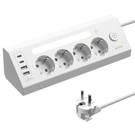 Corner Power Strip, 4-Way Multiple Socket with 2 USB and 2 Type-C, 90° Table Socket, Corner Socket with 2 Switches, Power Strip Surge Protection 3680 W, Multiple Plug with LED for Kitchen, Office, W