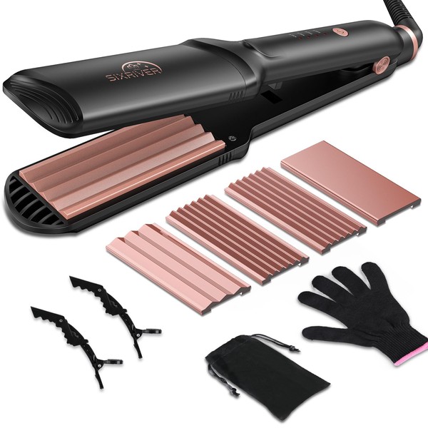 Sixriver Hair Crimper for Women Hair Waver Hair Straightener Curling Iron 4 in1 Flat Crimping Iron Plates Ceramic Waver Hair Tool Volumizing Crimper with 15s Fast Heating (Rose Gold)