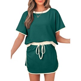 Women's 2 Piece Sets Summer Casual Short Sleeve Tops and Matching Drawstring Skort Going Out Lounge Outfits, Evergreen, Large