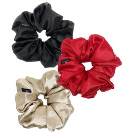 Iuptown Chic Jumbo Oversized XL Satin Scrunchies for Women Girls, Frizz Prevention, Sleep Hair Holder Scrunchy, Large Elastic Ties Band for Ponytail Bun, Satin Hair Ties for Breakage Prevention - Black, Sand,& Red (Pack of 3)