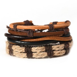 Goufaju 3 Pcs Vintage Leather Bracelet for Men Women Adjustable Men Leather Bracelets Braided Multilayer Leather Brown Wristband