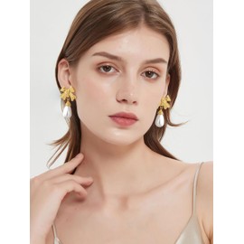 ENSKEFEN Vintage Gold Bow Pearl Drop Earrings for Women Trendy Gold Plated Pearl Dangle Earrings Statement Bowknot Earrings Weddings Jewelry