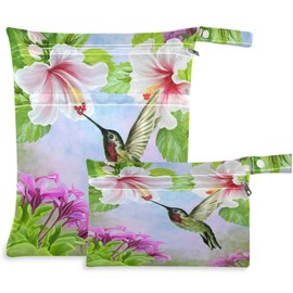 visesunny Hummingbird Near White Hibiscus Tropical 2Pcs Wet Bag with Zippered Pockets Washable Reusable Roomy for Travel,Beach,Pool,Daycare,Stroller,Diapers,Dirty Gym Clothes, Wet Swimsuits, Toiletrie