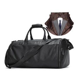 Luufan Full Grain Leather Garment Large Capacity Travel Bag Business Suit Carrier Bag with Shoe Compartment, Overnight Gym Sports Travel Bags for Men Women Women Black