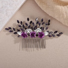 Teyglen Purple Rhinestone Headpiece Vintage Flower Wedding Hair Comb Crystal Bridal Side Comb Flower Leaf Hair Piece Hair Accessories Jewelry for Women (Purple)