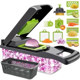 14-in-1 Vegetable Chopper with Container – Veggie Chopper with Container and Lid Includes 6 Blades, Cheese Grater, Egg Separator | Finger Guard, Dishwasher Safe – Veggie Dicer for Chips, Cubes, Strips