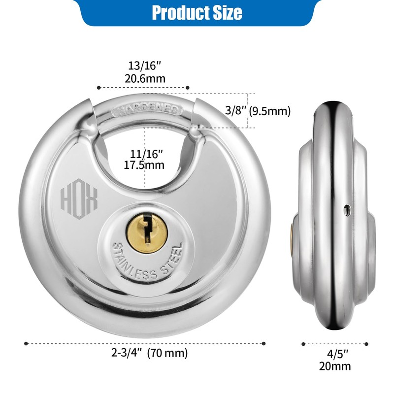 HOX Keyed Disc Padlock, Stainless Steel Keyed-Alike Padlocks, 6-Pack Heavy
