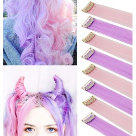 MOSCSMDY Set of 10 21 Inch Light Pink & Light Purple Coloured Hair Extensions for Girls Clip in Wig Pieces for Teens Colourful Hair Pieces Party Highlights Heat Resistant Synthetic Straight Multiple