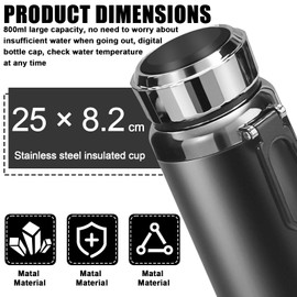 800 ml Thermos Flask with LED Temperature Display, Thermos Flask Matte Black 316 Stainless Steel, Thermos Flask Water Bottle for Tea Drinking, Office & Travel, Leak-Proof, BPA-Free (Matt Black)