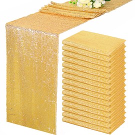 15 Pack Sequin Table Runner 12 X 108 Inch Glitter Gold Table Runner Dining Table Runner for Wedding Engagement Birthday Party Holiday Banquet Baby Shower Bridal Shower Bachelorette Decorations