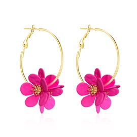 Just Follow Lightweight Bohemian Metal Flowers Dangle Drop Earrings Handmade Petal Hoop Earrings for Women Vacation Wedding (Hot Pink)