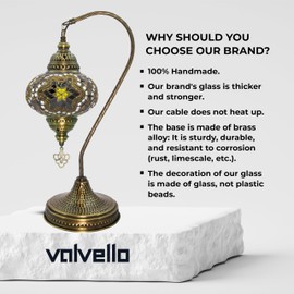 VALVELLO Turkish Moroccan Mosaic Swan Neck Lamp, Night Light, Tiffany Style, Vintage, Decorative Glass Table Lamp for Bedroom, Office, Living Room, Gift for Special Days/Person (Brown)