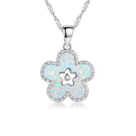 CiNily Opal Pendant Necklace for Women Flower Pendant with Chain, 14K White Gold Plated Big Gemstone Birthstone Necklace Dainty Cute Flower Charm Jewelry Birthday Christmas Gift for Wife Mom