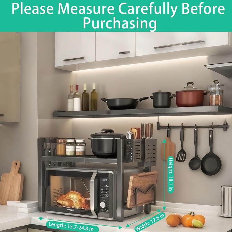 Adjustable Microwave Oven Rack, Microwave Stand Shelf Heavy Duty 2-Tier