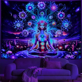 Dermijer Blacklight Tapestry Seven Chakra Yoga Meditation Tapestry Flower Chakra Tapestry Galaxy Space Planet Tapestry UV Reactive Lotus Spiritual Tapestry Wall Hanging for Home Decor L92.5×W70.8