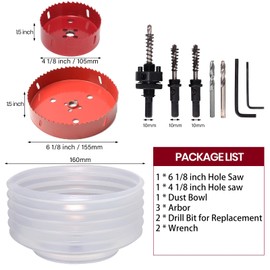 6 1/8 & 4 1/8 Inch Hole Saw Kit for Recessed and Can Lights - 105mm & 155mm Dust Bowl Set, Red