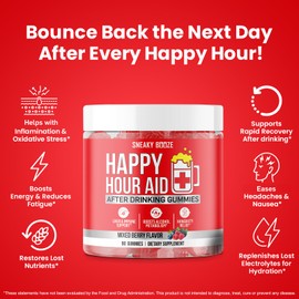 Sneaky Booze Happy Hour Aid Gummies Supplement Pre Game Party Hydration Electrolytes Alcohol DHM Milk Thistle After Drinking Gummy Weekend Recovery Vitamins Formula Better Mornings Support 90 Count