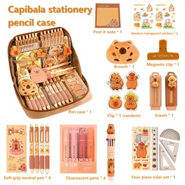 Capybara Stationery Set, 21-Piece Cute Capybara Pencil Case with Accessories, Multi-Compartment School and Office Organizer, Ideal Gift for Students and Artists