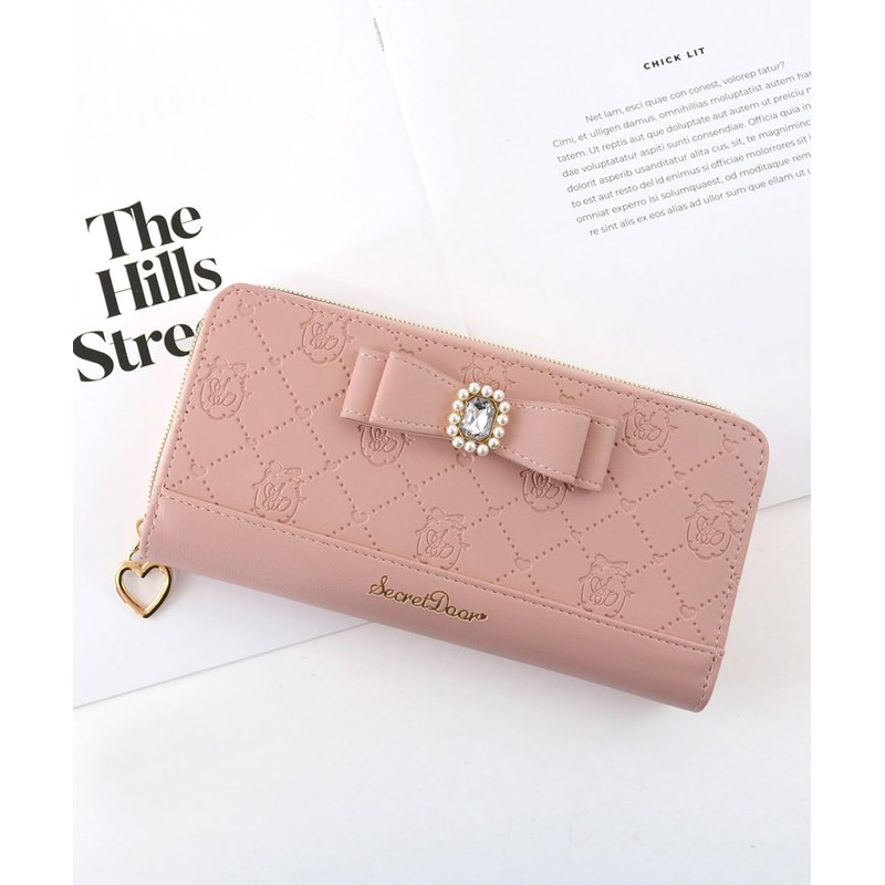 SecretDoor Women's Long Wallet, Cute, Ribbon, Bijou, Gold Zipper, Thin,