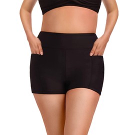 SINGNIER - Pantalones cortos de baño para mujer, de cintura alta, con control de abdomen de 2 pulgadas, pantalones cortos de baño con bolsillos, Negro -, Small