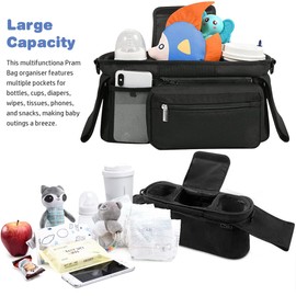 Tyuodna Baby Pram Bag Stroller,Universal Stroller Bag with 2 Insulated Cup Holder,Large Capacity Baby Bag Organiser,Buggy Organiser Bag with Shoulder Strap&Non-Slip Secure Hooks (Balck)