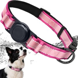 AirTag Dog Collar, IP68 Waterproof Air Tag Dog Collar Holder, Reflective, Ultra-Durable, Comfortable Padded, Heavy Duty Dog Collars for Small Medium Large Dogs-Pink-S